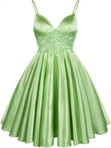Green Lace Up Spaghetti Straps Lace Quinceanera Dama Dress Elastic Woven Satin Sleeveless