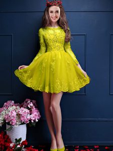Sexy Scalloped 3 4 Length Sleeve Chiffon Dama Dress Beading and Lace and Appliques Lace Up