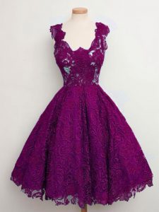 Sleeveless Lace Up Knee Length Lace Dama Dress for Quinceanera