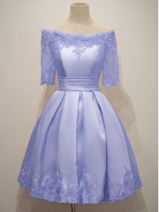 Fabulous Lavender Half Sleeves Lace Knee Length Dama Dress for Quinceanera