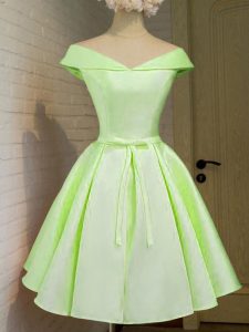 Discount Yellow Green Off The Shoulder Lace Up Belt Quinceanera Dama Dress Cap Sleeves