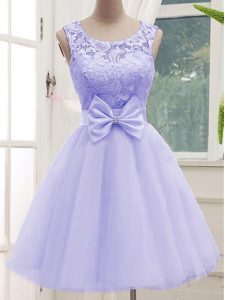 Lavender A-line Tulle Scoop Sleeveless Lace and Bowknot Knee Length Lace Up Damas Dress