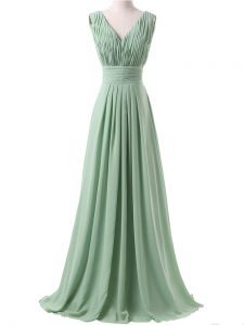 On Sale Floor Length Apple Green Quinceanera Dama Dress V-neck Sleeveless Lace Up