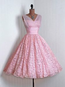 Baby Pink Lace Lace Up Quinceanera Court of Honor Dress Sleeveless Mini Length Lace