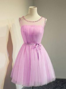 Lilac Empire Scoop Sleeveless Tulle Knee Length Lace Up Belt Dama Dress for Quinceanera