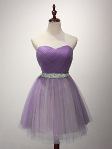 Lavender Lace Up Sweetheart Ruching Dama Dress for Quinceanera Tulle Sleeveless