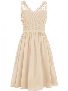 Great Chiffon V-neck Sleeveless Side Zipper Lace and Ruching Court Dresses for Sweet 16 in Champagne