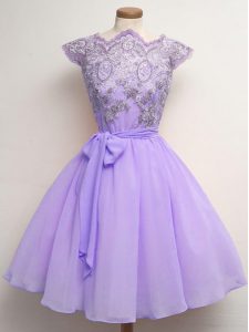 Traditional Lavender Cap Sleeves Lace and Belt Knee Length Dama Dress for Quinceanera