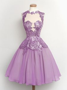 Lilac A-line Chiffon High-neck Sleeveless Lace Knee Length Lace Up Court Dresses for Sweet 16