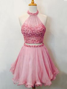 Gorgeous Pink Organza Lace Up Halter Top Sleeveless Knee Length Quinceanera Dama Dress Beading
