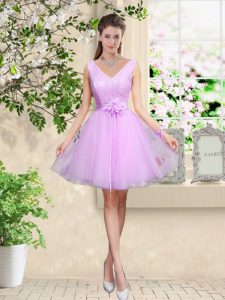 Fantastic Lilac Lace Up Quinceanera Court of Honor Dress Lace and Belt Sleeveless Knee Length