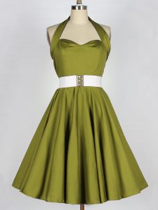 Olive Green Taffeta Lace Up Quinceanera Court Dresses Sleeveless Knee Length Belt