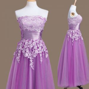 Purple Lace Up Strapless Appliques Damas Dress Tulle Sleeveless