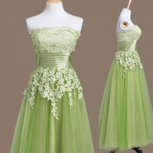 Exceptional Tea Length Court Dresses for Sweet 16 Strapless Sleeveless Lace Up
