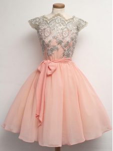 Exquisite Peach Zipper Scalloped Lace and Belt Quinceanera Court of Honor Dress Chiffon Cap Sleeves