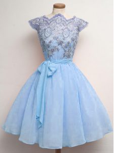 Blue A-line Lace and Belt Quinceanera Dama Dress Lace Up Chiffon Cap Sleeves Knee Length