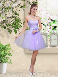 Elegant Lilac A-line Tulle Sweetheart Sleeveless Lace and Belt Knee Length Lace Up Quinceanera Court of Honor Dress