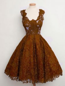 Lovely Straps Sleeveless Quinceanera Court Dresses Knee Length Lace Brown Lace
