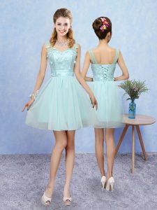 New Style Aqua Blue Tulle Lace Up Vestidos de Damas Sleeveless Mini Length Appliques
