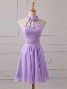 Lavender A-line Halter Top Sleeveless Chiffon Mini Length Lace Up Lace and Appliques Vestidos de Damas