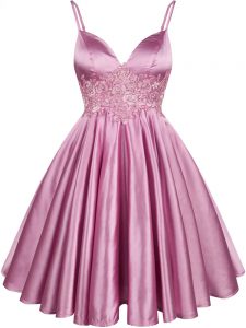 Lilac A-line Elastic Woven Satin Spaghetti Straps Sleeveless Lace Knee Length Lace Up Damas Dress