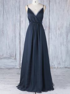 Pretty Empire Court Dresses for Sweet 16 Navy Blue Spaghetti Straps Chiffon Sleeveless Floor Length Backless