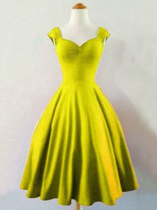 Trendy Olive Green A-line Taffeta Straps Sleeveless Ruching Knee Length Lace Up Vestidos de Damas