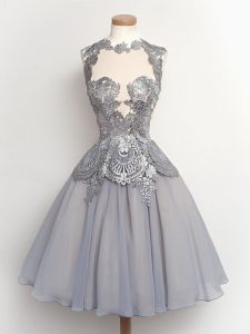 Grey High-neck Neckline Lace Quinceanera Court of Honor Dress Sleeveless Lace Up