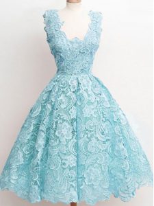 Aqua Blue Sleeveless Lace Zipper Quinceanera Court Dresses for Prom and Party and Wedding Party