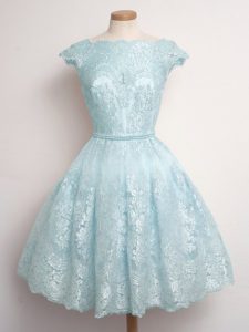 Most Popular Cap Sleeves Lace Knee Length Lace Up Quinceanera Court Dresses in Light Blue with Lace