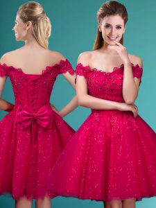 Red Lace Up Quinceanera Dama Dress Lace and Belt Cap Sleeves Knee Length