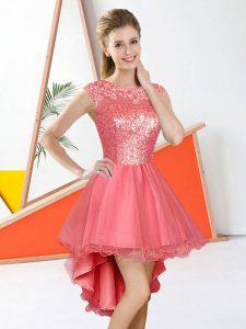 Beading and Lace Quinceanera Court of Honor Dress Watermelon Red Backless Sleeveless High Low