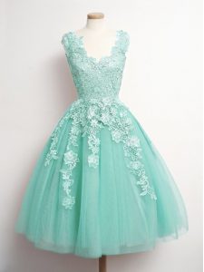 Suitable Aqua Blue Tulle Lace Up V-neck Sleeveless Knee Length Court Dresses for Sweet 16 Appliques