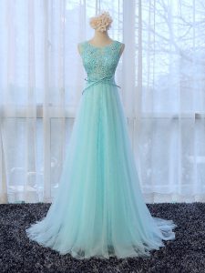 Custom Fit Apple Green Empire Tulle Scoop Sleeveless Lace and Bowknot Zipper Quinceanera Court Dresses Brush Train
