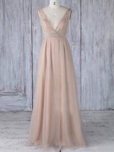 Exquisite Peach Empire V-neck Sleeveless Tulle Floor Length Zipper Lace Quinceanera Dama Dress