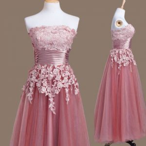 Tea Length Empire Sleeveless Pink Quinceanera Dama Dress Lace Up