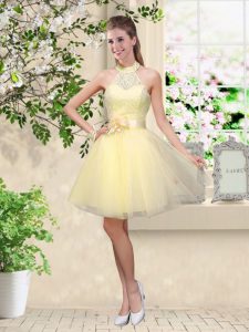 High Class Light Yellow Sleeveless Lace and Belt Knee Length Dama Dress