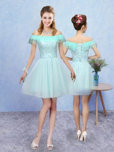 Gorgeous Aqua Blue Cap Sleeves Tulle Lace Up Quinceanera Court of Honor Dress for Prom and Party
