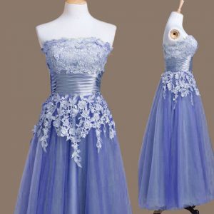Glittering Strapless Sleeveless Tulle Court Dresses for Sweet 16 Appliques Lace Up