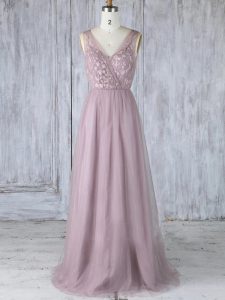 Free and Easy Lavender Empire V-neck Sleeveless Tulle Floor Length Criss Cross Appliques Quinceanera Court Dresses