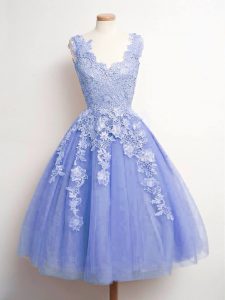 Elegant Lavender Sleeveless Tulle Lace Up Dama Dress for Prom and Party and Wedding Party