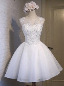 White Organza Lace Up Quinceanera Court of Honor Dress Sleeveless Mini Length Lace