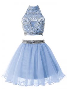 Luxury Knee Length Zipper Dama Dress for Quinceanera Light Blue for Party and Wedding Party with Beading