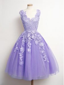 Lavender Tulle Lace Up Quinceanera Court of Honor Dress Sleeveless Knee Length Appliques
