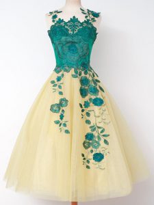 High Class Gold A-line Appliques Quinceanera Court of Honor Dress Lace Up Tulle Sleeveless Knee Length