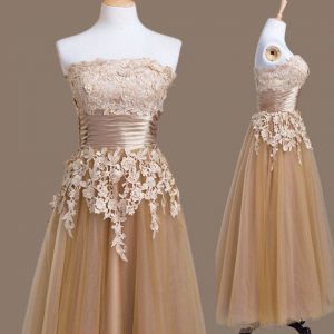 Popular Tea Length Brown Dama Dress for Quinceanera Strapless Sleeveless Lace Up