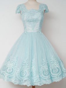 Most Popular Aqua Blue Tulle Zipper Square Cap Sleeves Knee Length Court Dresses for Sweet 16 Lace