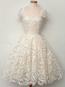 Eye-catching Champagne Lace Lace Up Dama Dress for Quinceanera Cap Sleeves Knee Length Lace