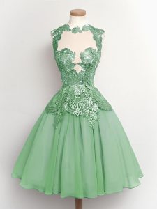 Graceful Apple Green A-line Lace Vestidos de Damas Lace Up Chiffon Sleeveless Knee Length