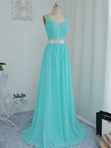 Romantic Aqua Blue Damas Dress Prom and Party and Wedding Party with Beading and Lace Scoop Sleeveless Sweep Train Side Zipper